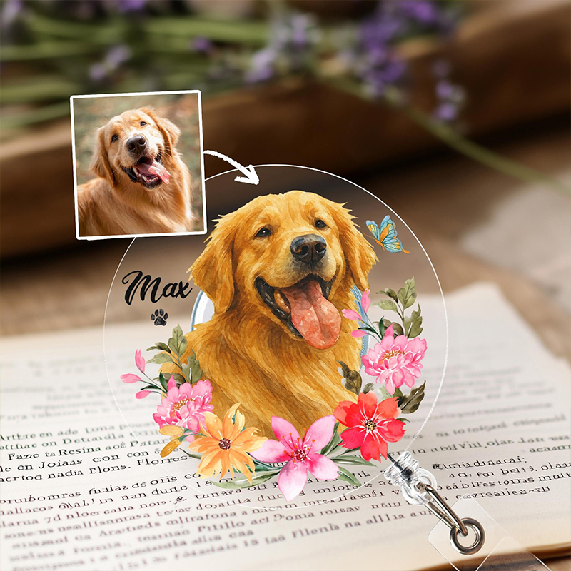 Personalized Pet Portrait Flowers Nurse Badge Reel