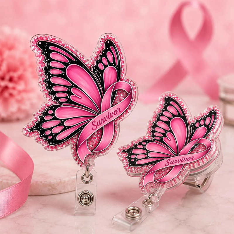 Pink Pumpkin Ghost Butterfly Flower Glitter Acrylic Retractable Badge Reel