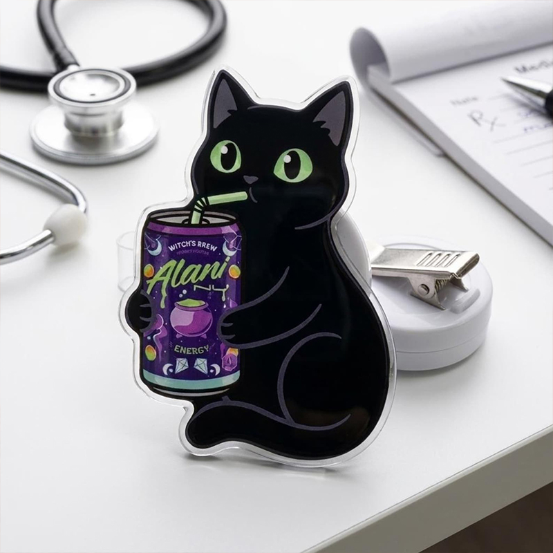 Black Cat Drinking energy drink Nurse Badge Reel