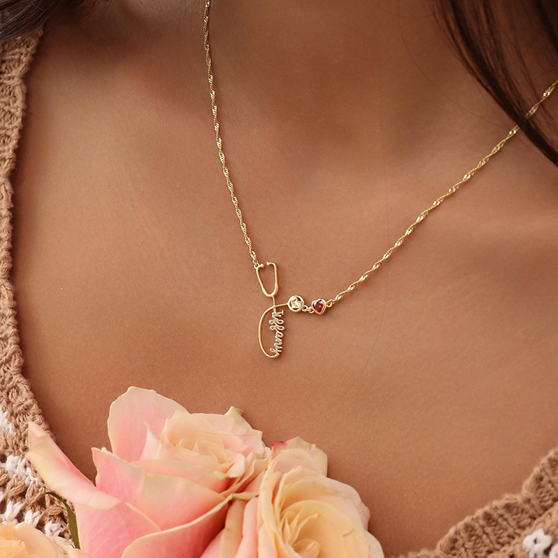 Personalized Stethoscope Necklace With Birthstone Necklace