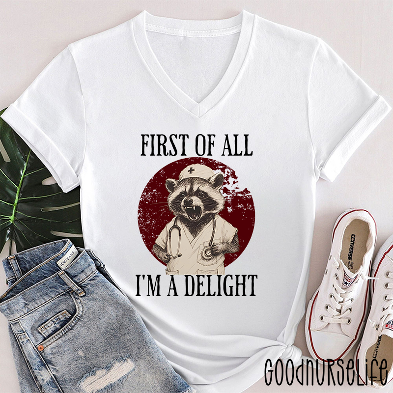 Funny First Of All I'm A Delight Nurse Female V-Neck T-Shirt