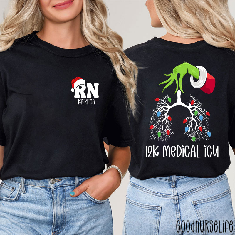 Personalized Hand And Festive Lung 12K Medical ICU Nurse Two Sided T-Shirt
