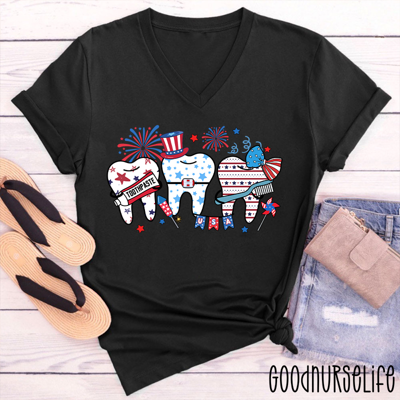 Tooth Celebrating The Fourth Of July Female V-Neck T-Shirt