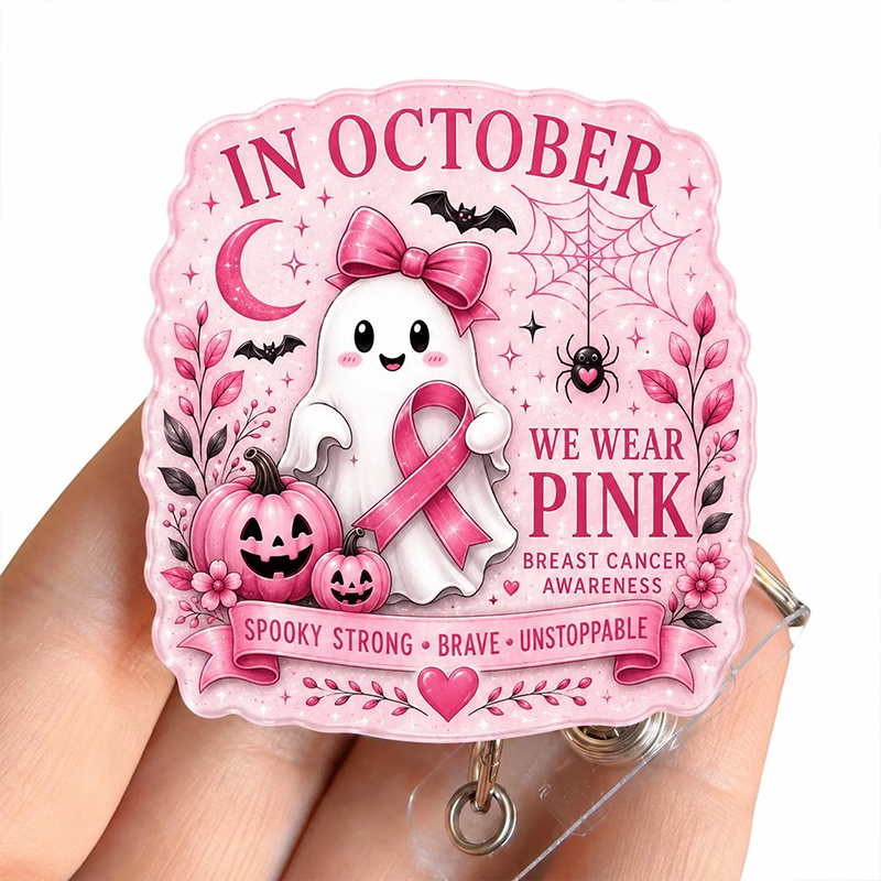In October We Wear Pink Cute Ghost Pumpkin Halloween Glitter Acrylic Badge Reel