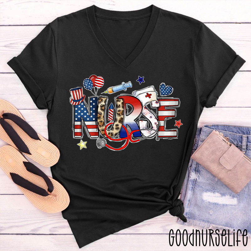Independence Day Nurse Female V-Neck T-Shirt