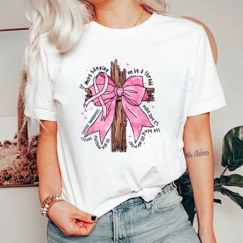 Pink Bow And Cross With Breast Cancer Ribbon Nurse T-Shirt