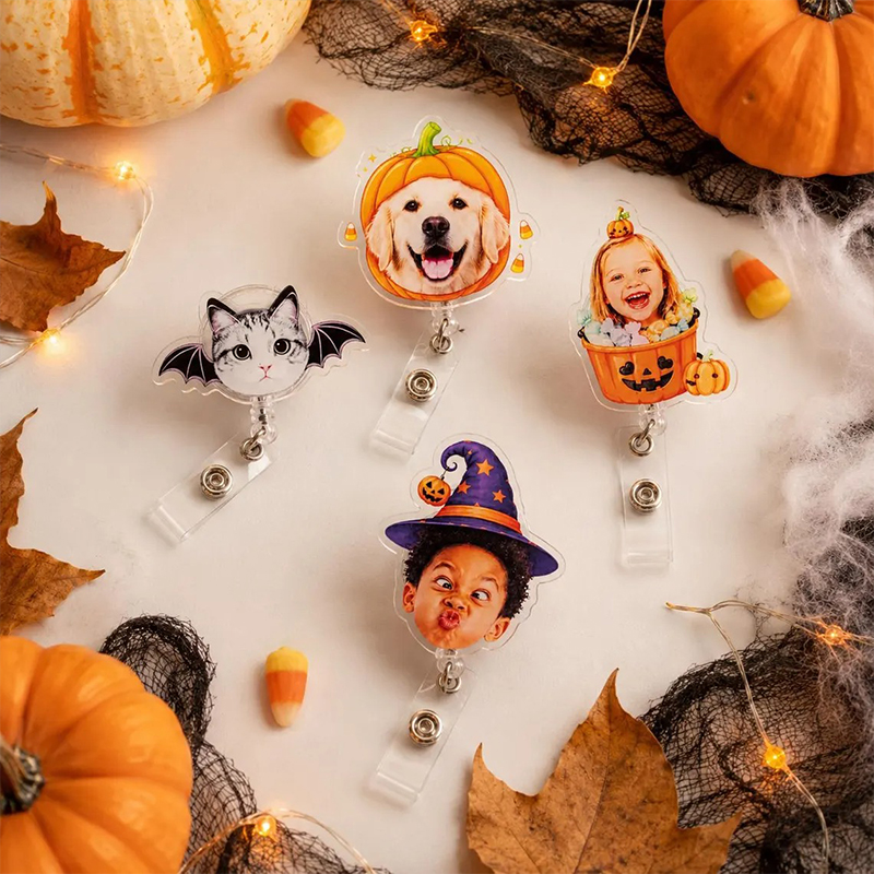 Personalized Photo Halloween Pumpkin Bat Witch Hat Nurse Badge Reel