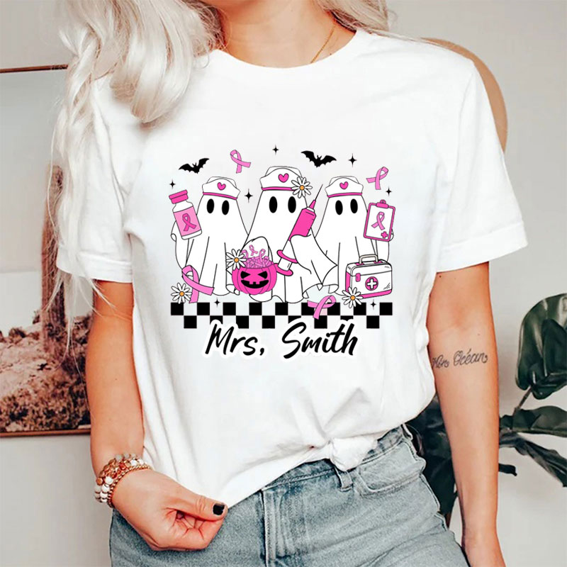 Personalized Halloween Breast Cancer Ghost Checkerboard Pink Pumpkin T-Shirt