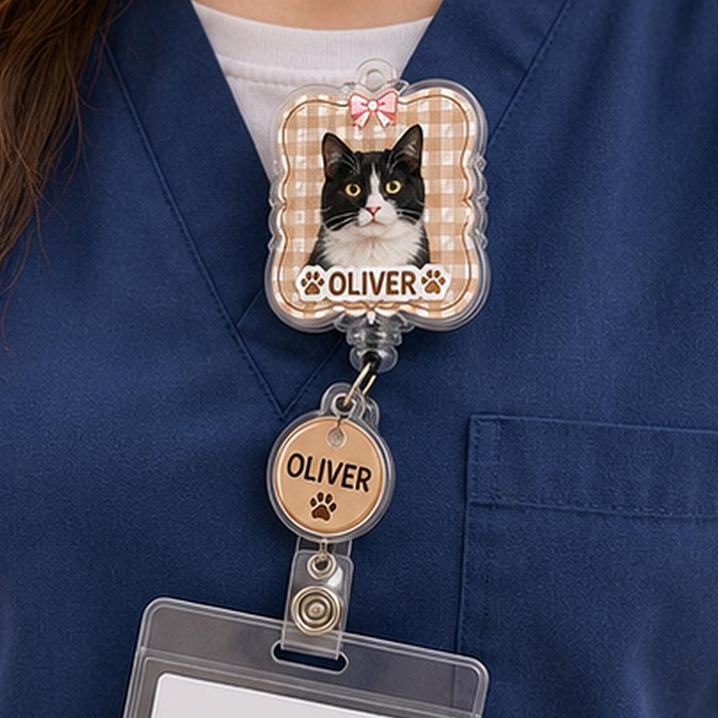 Personalized Pet Photo And Name Plaid Bow Badge Reel