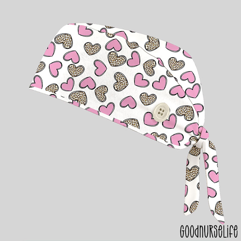 Cute Pink And Leopard Heart Nurse Scrub Cap