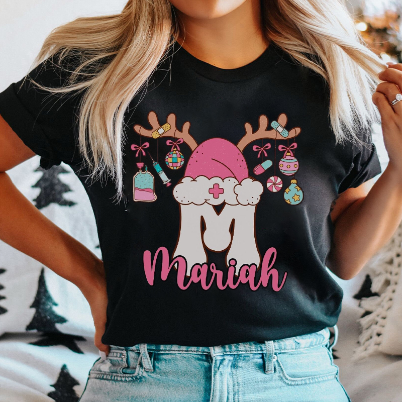 Personalized Name Reindeer Horns Christmas Nurse T-shirt