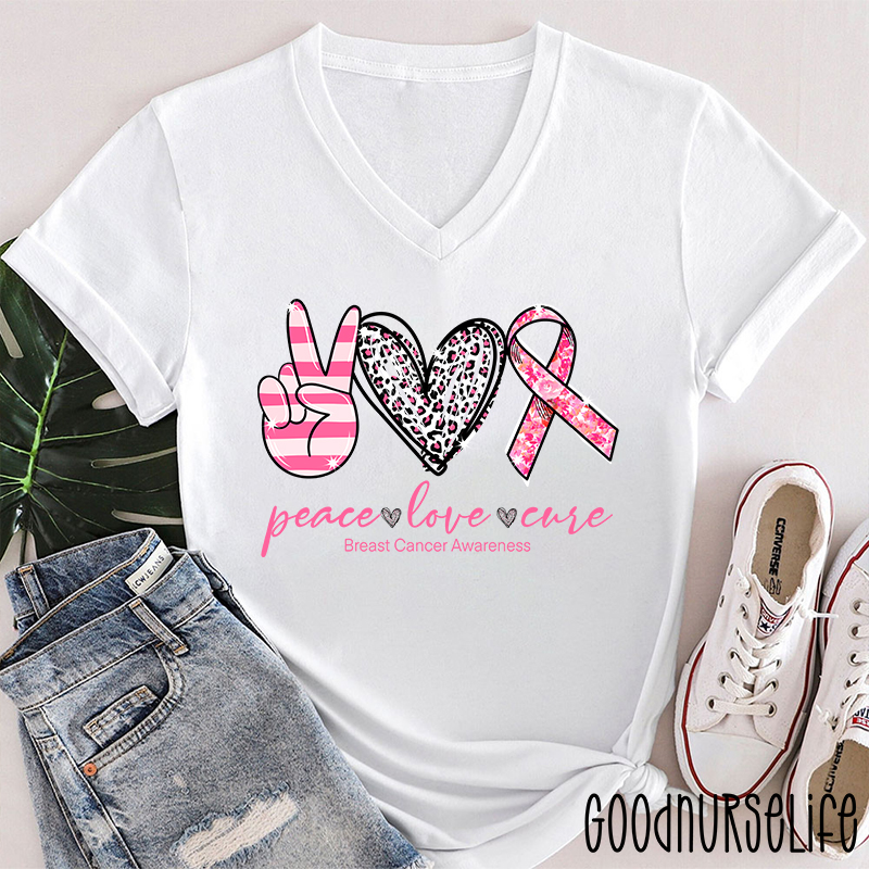 Heart Shape Peace Love Cure Breast Cancer Awareness Female V-Neck T-Shirt