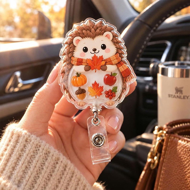 Cute Autumn Hedgehog Shaker Shaker Badge Reel