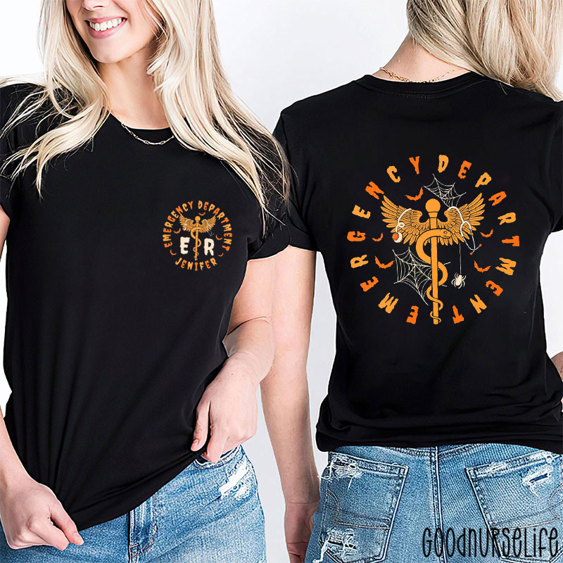 Personalized Caduceus For Emergency Department Halloween Version Nurse Two Sided T-Shirt