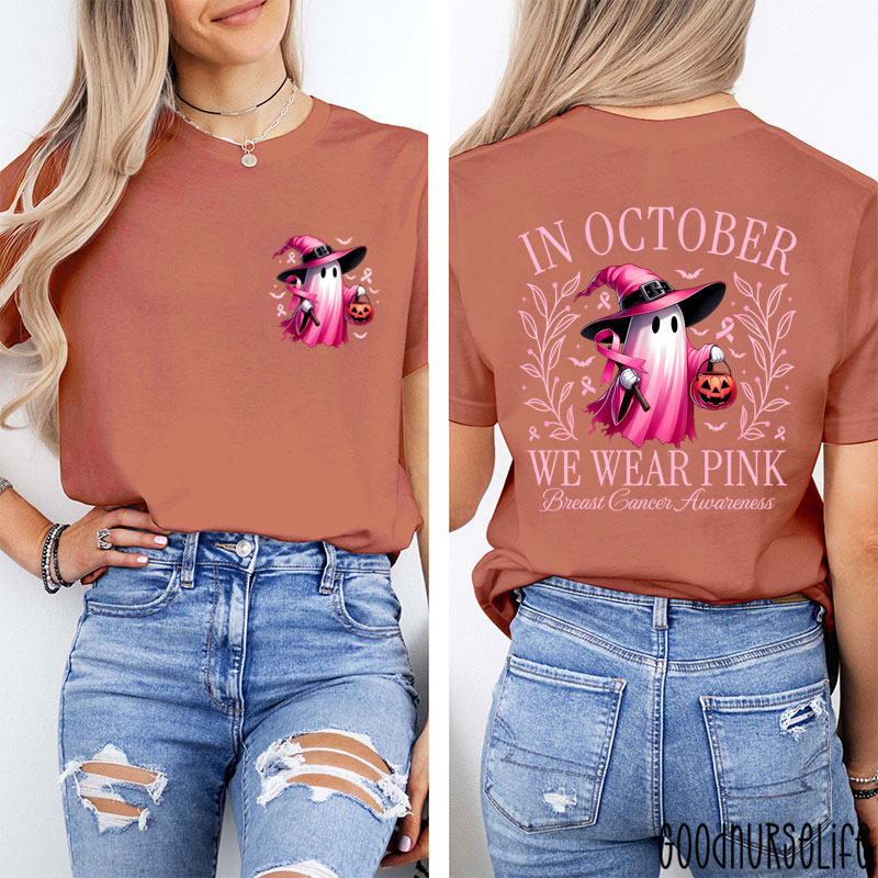 Halloween Beautifully Ghost Picture Breast Cancer Awareness Two Sided T-Shirt