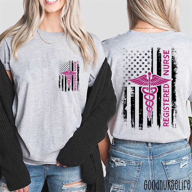 USA Flag Patriotic Registered Nurse American Flag Two Sided T-Shirt