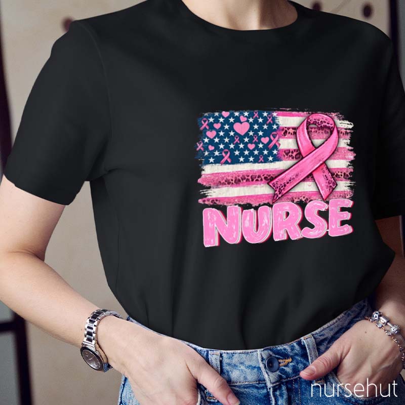 Pink Ribbon Flag Nurse T-Shirt