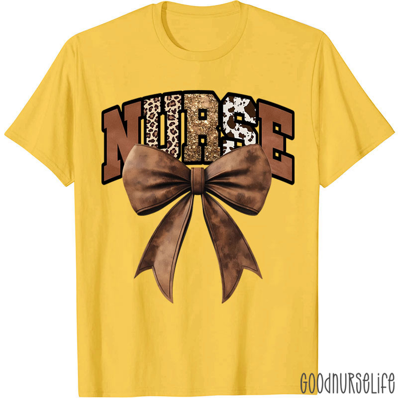 Western Gold Glitter Brown Leather Bow Nurse T-Shirt