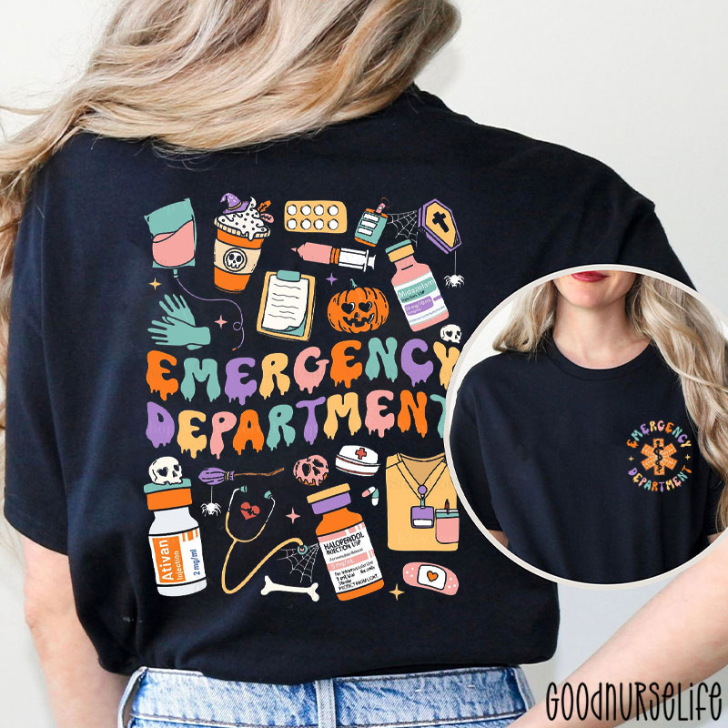 Colorful Spooky Medical ER Fun Nurse Two Sided T-Shirt