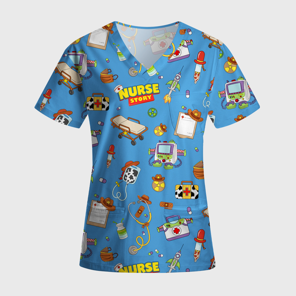 Cartoon Medical Equipment Print Nurse Scrub Set