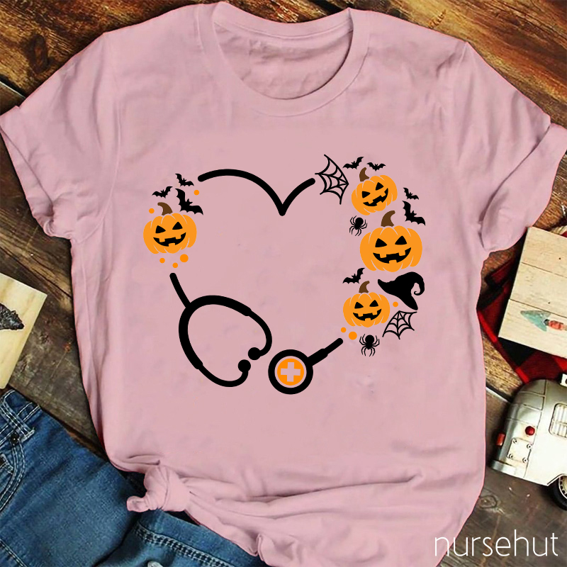Halloween Pumpkin Stethoscope Heart Nurse T-Shirt