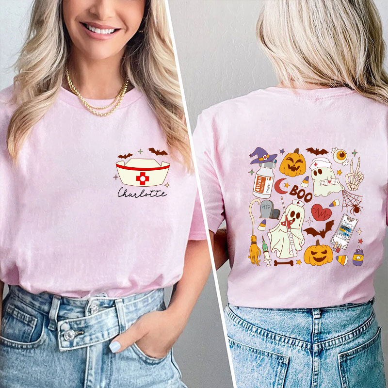 Personalized Name Halloween Boo Nurse Two Sided T-Shirt