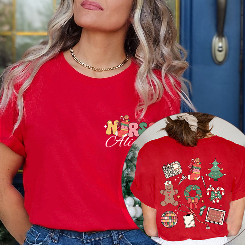 Personalized Name Merry Christmas Nurse Two Sided T-Shirt
