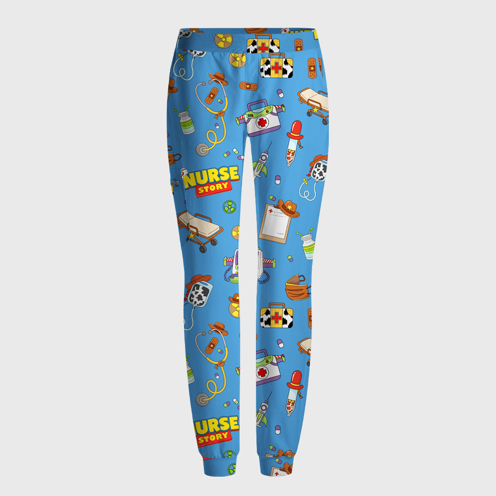 Cartoon Medical Equipment Print Nurse Scrub Set