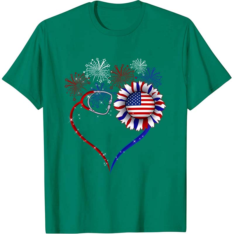 Fireworks Sunflower Stethoscope Nurse T-Shirt