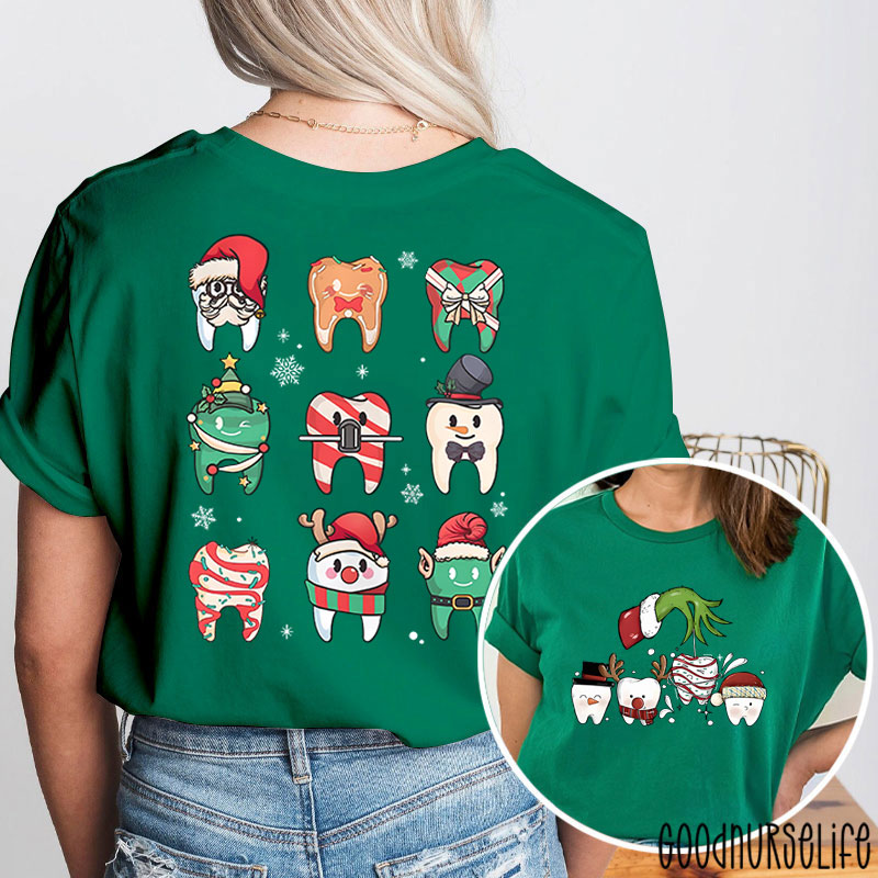 Santa Teeth Green Hand Christmas Nurse Two Sided T-Shirt