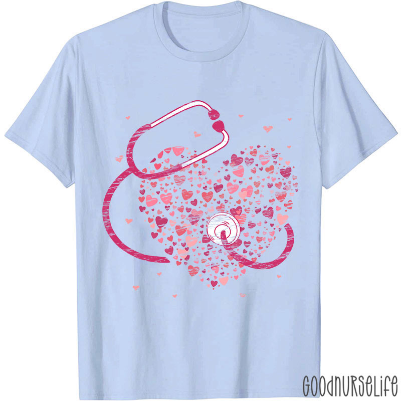 Pink Stethoscope And Hearts Nurse T-Shirt