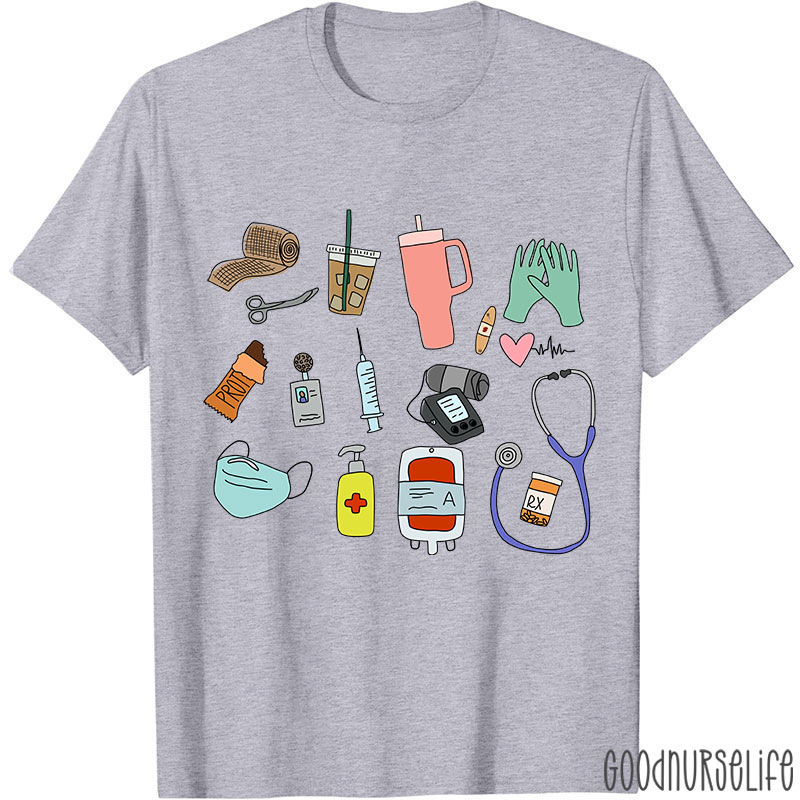 Stethoscope Coffee Mask Syringe Phone Nurse Daily Nurse T-Shirt