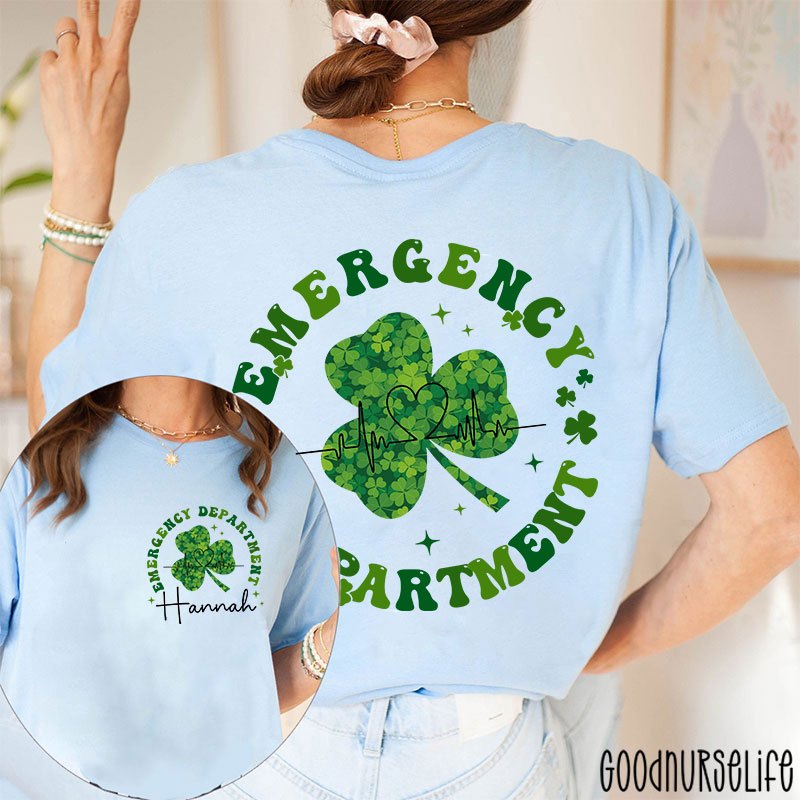 Personalized Green Clover Emergency Department Nurse Two Sided T-Shirt
