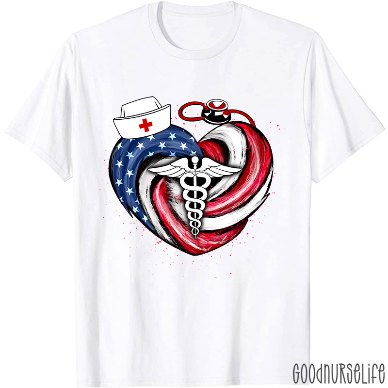 Heart-Shaped Stars And Stripes Vortex Nurse T-Shirt