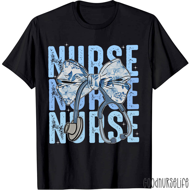 Blue Flowers Stethoscope Nurse T-Shirt
