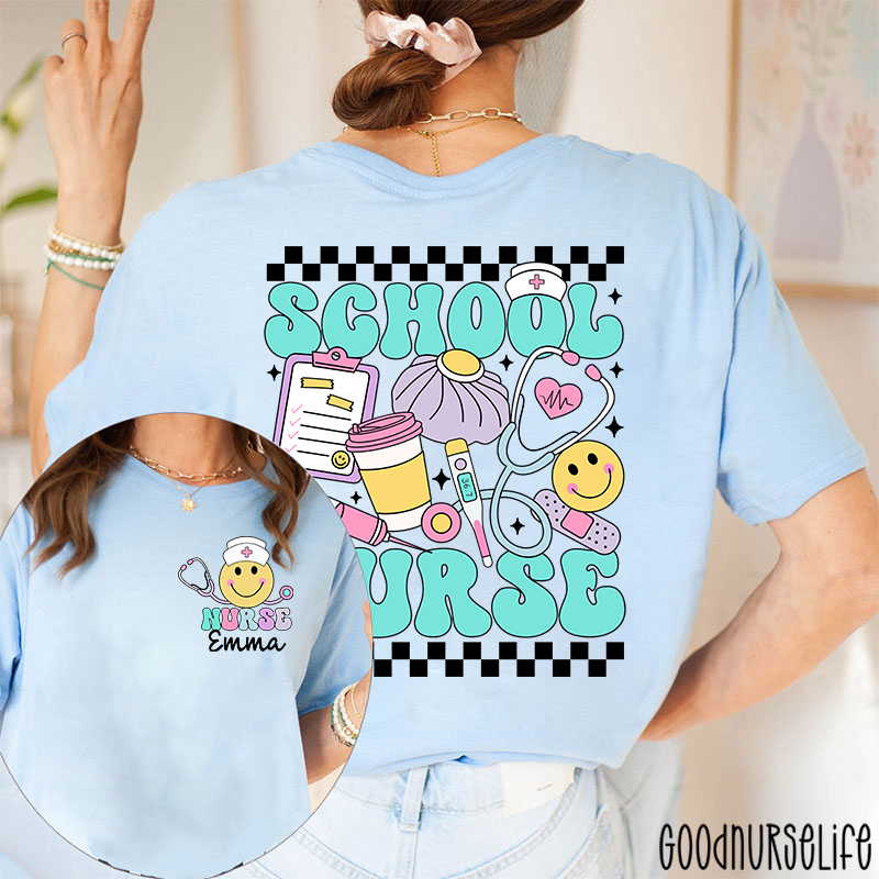 Personalized Checkerboard Smiley Face School Nurse Two Sided T-Shirt