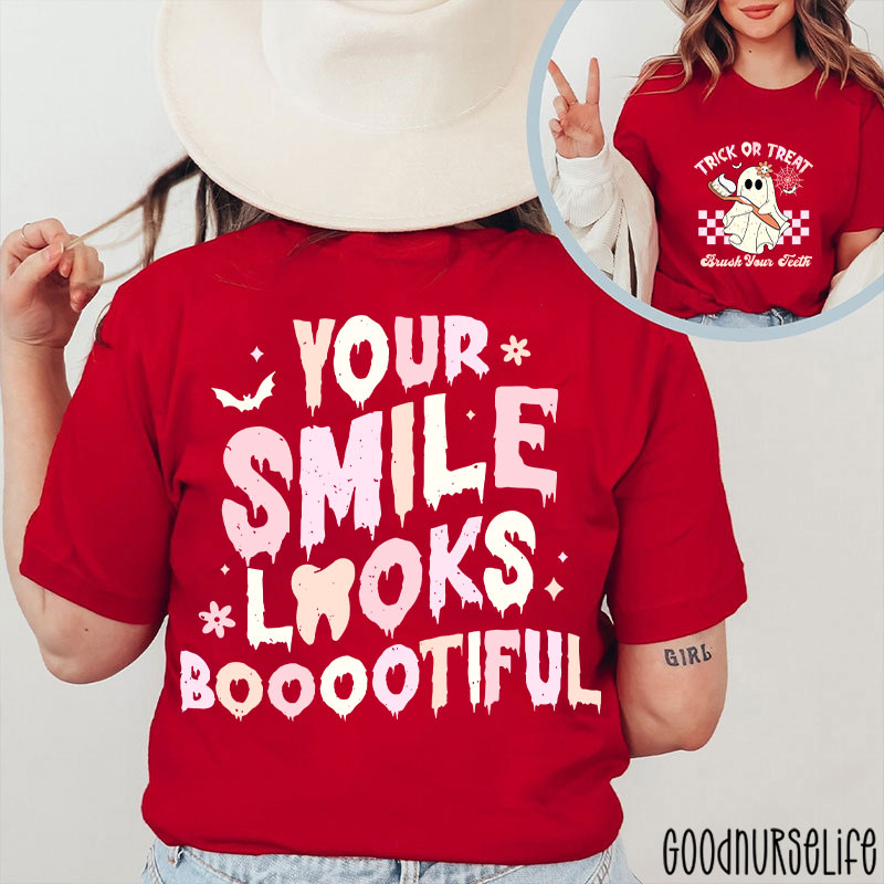 Trick Or Treat Brush Your Teeth Dentist Halloween Two Sided T-Shirt