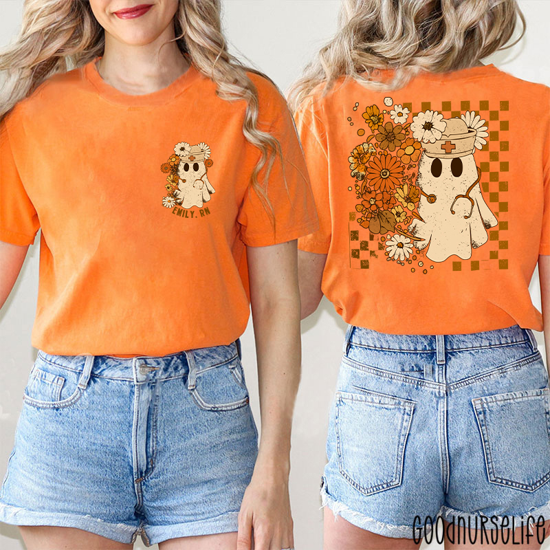 Personalized Checkerboard And Flower Ghost Nurse Two Sided T-Shirt