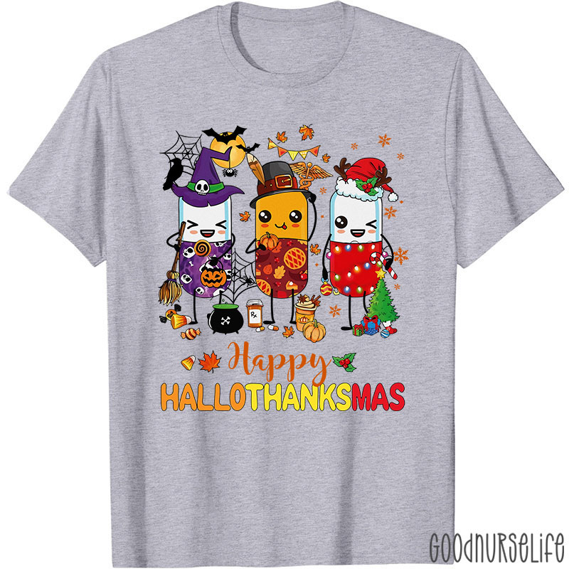 Pharmacy Holiday HalloThanksMas Pill Characters T-Shirt
