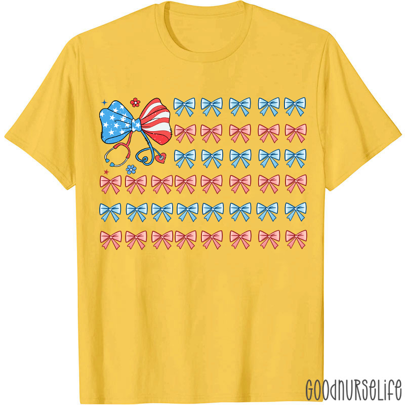 American Flag Patriotic 4th Of July Coquette Bow Nurse T-Shirt