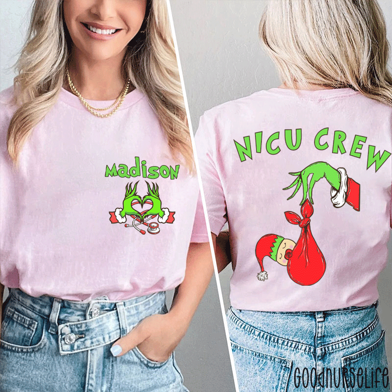 Personalized Name Holiday NICU Crew Nurse Two Sided T-Shirt
