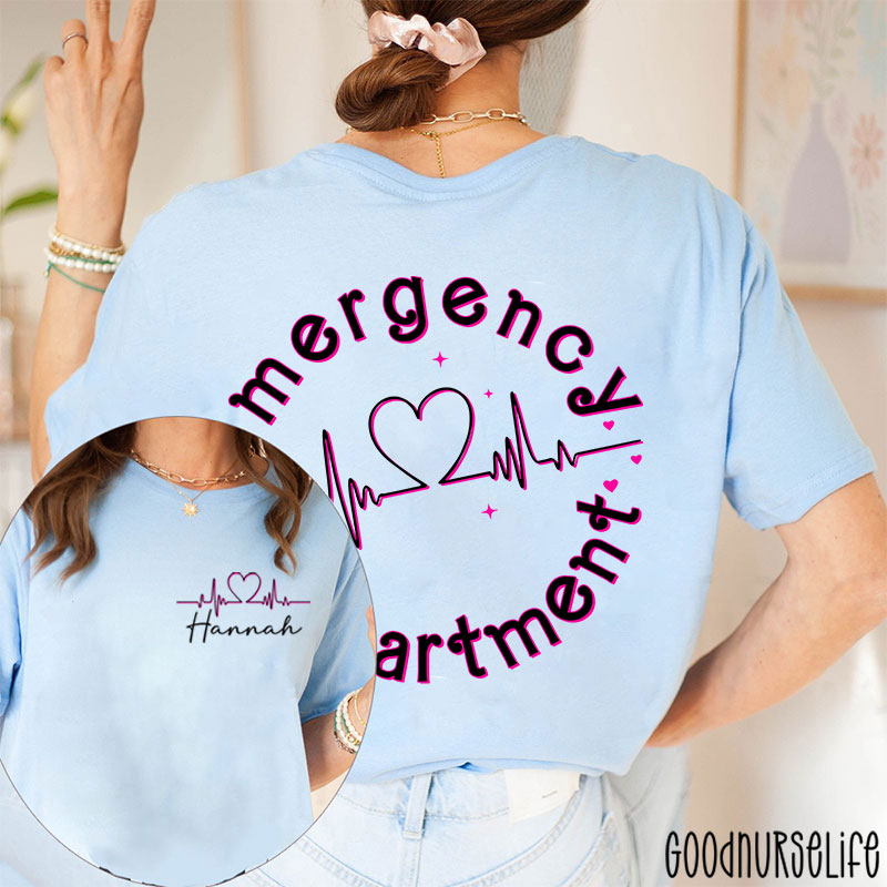 Personalized Name Heart Emergency Department Nurse Two Sided T-Shirt