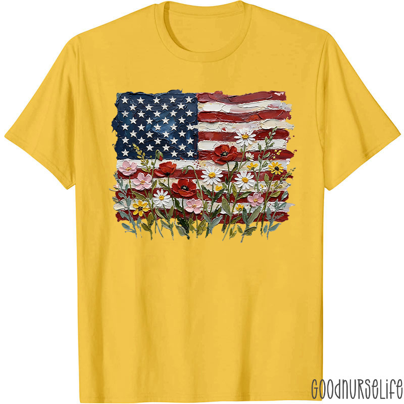 American Flag Floral Nurse T-Shirt