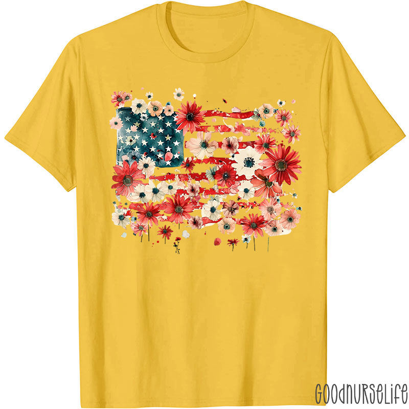 American Flag Floral Nurse T-Shirt