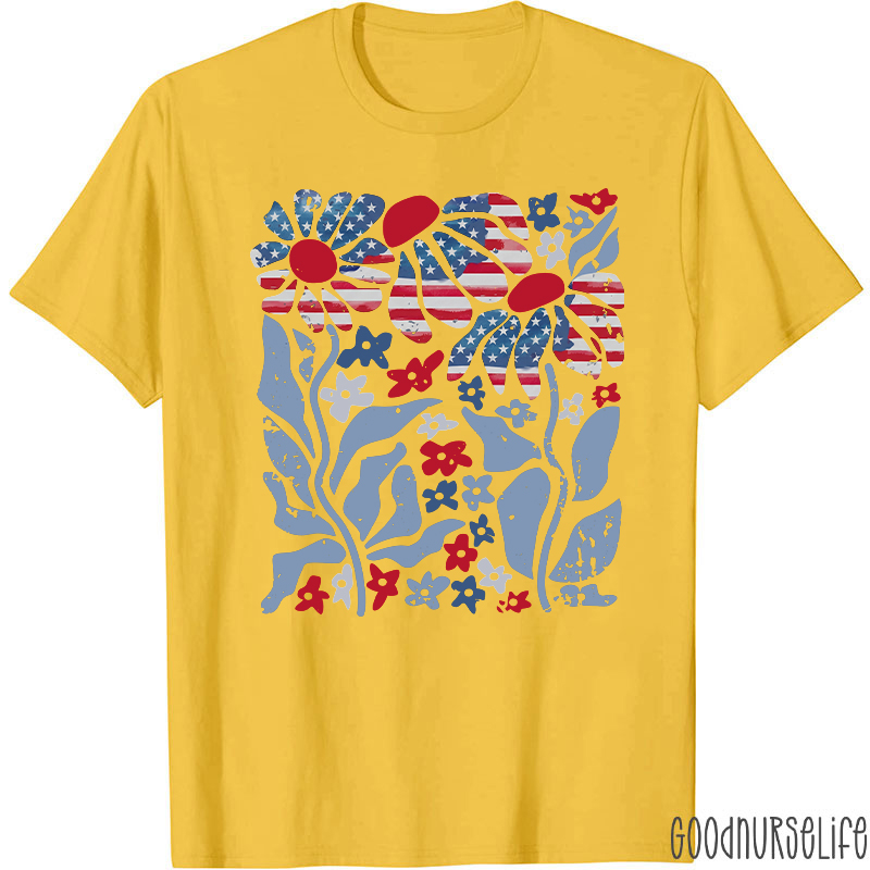 Boho Patriotic Daisy American Flag Floral Nurse T-Shirt