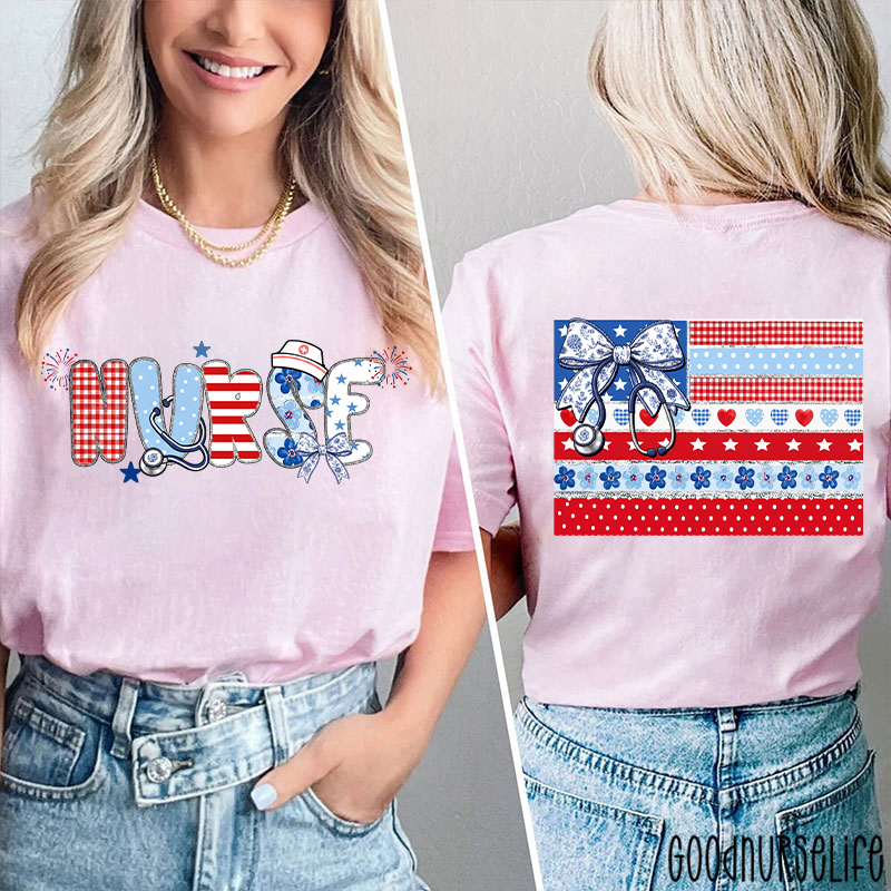 American Flag Floral Nurse Two Sided T-Shirt