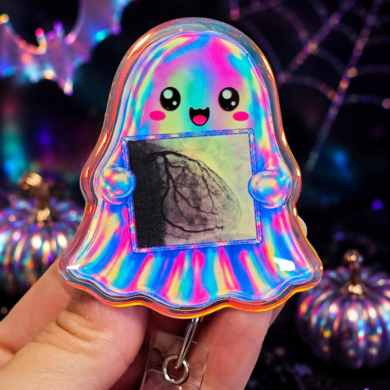 Cute Ghost Holding X‑Ray Scan Halloween Acrylic Badge Reel