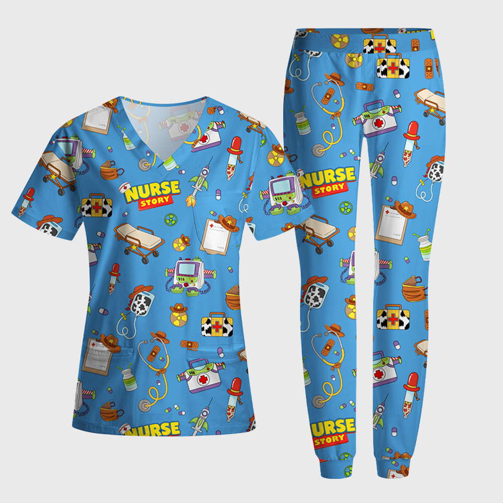 Cartoon Medical Equipment Print Nurse Scrub Set