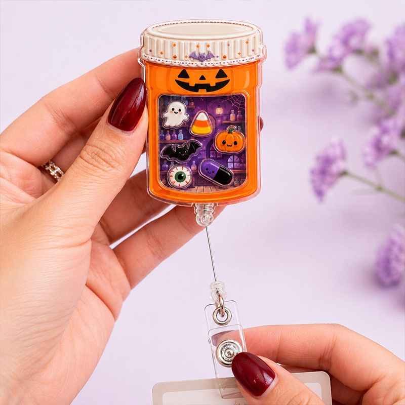 Halloween Pill Bottle Nurse Shaker Badge Reel