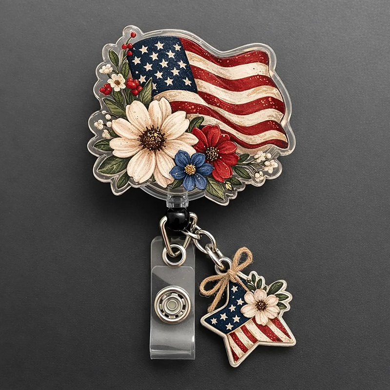 USA Flag Floral Nurse Badge Reel